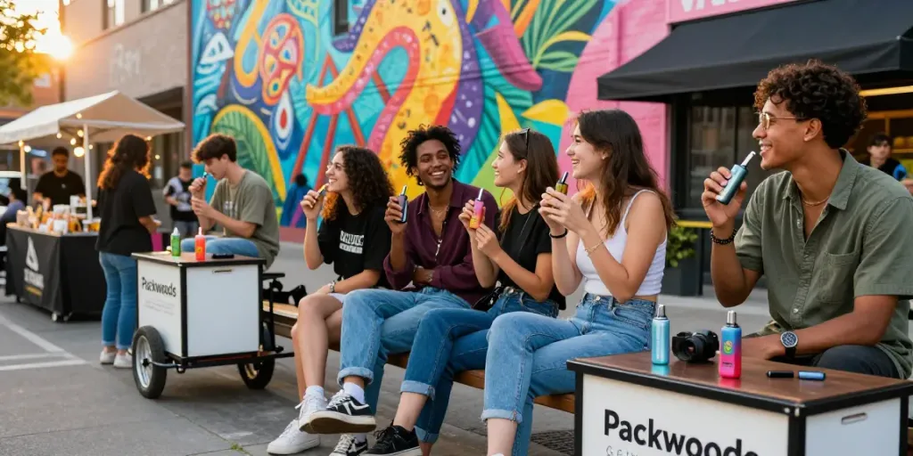 Friends enjoying Packwoods carts in an urban setting, surrounded by colorful murals and street food.